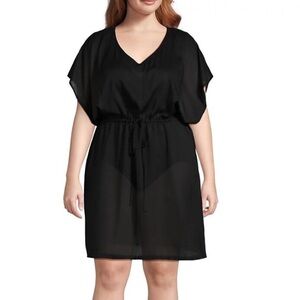 Lands' End M-L black Oversized Black Gathered Waist Swim Cover-up Dress